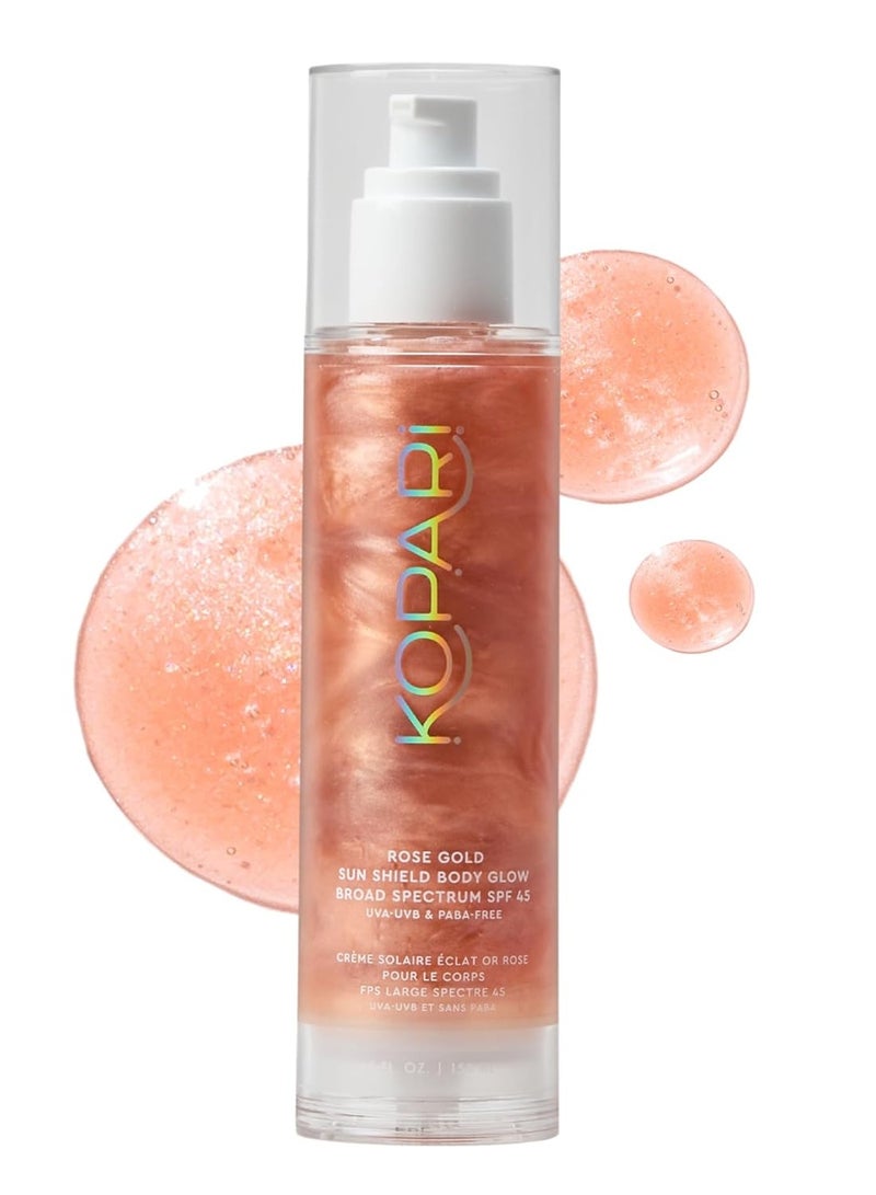 Kopari Sun Shield Body Glow - SPF 45 UV Protection Sunscreen Rose Gold Shimmer Mica - Sweat Resistant - Antioxidant Vitamin E Vegan Cruelty Free - Macadamia Hibiscus Avocado Coconut Oils 5oz