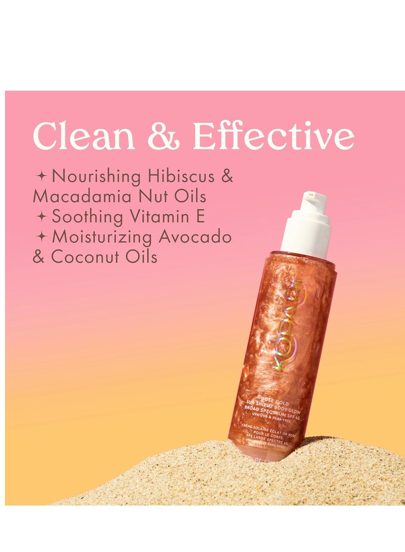 Kopari Sun Shield Body Glow - SPF 45 UV Protection Sunscreen Rose Gold Shimmer Mica - Sweat Resistant - Antioxidant Vitamin E Vegan Cruelty Free - Macadamia Hibiscus Avocado Coconut Oils 5oz