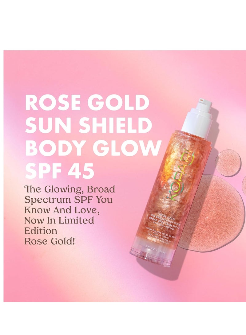 Kopari Sun Shield Body Glow - SPF 45 UV Protection Sunscreen Rose Gold Shimmer Mica - Sweat Resistant - Antioxidant Vitamin E Vegan Cruelty Free - Macadamia Hibiscus Avocado Coconut Oils 5oz