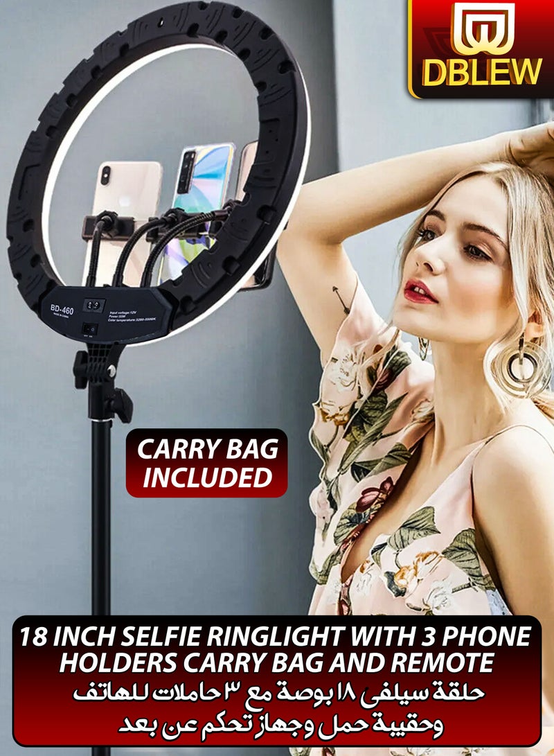 18 inch Dimmable Circle LED Studio Selfie Ring Light With 90Inch Tripod Stand Remote And 3 Mobile Phone Holders For Makeup Camera Photography YouTube Video Shoot TikTok Vlog Live Stream With Carry Bag