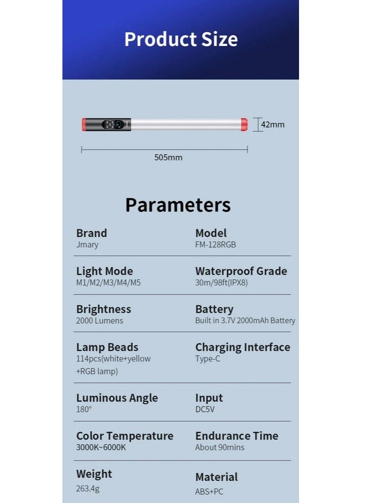 Jmary FM-128 3.7V Lightweight & Portable Waterproof RGB Video Light with Built-In 2000 mAh Lithium Battery