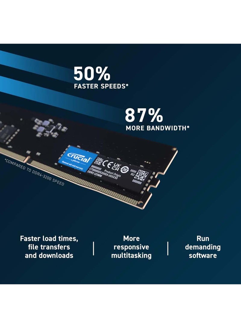 16GB DDR5-4800 UDIMM Desktop Memory, CL40 Cas Latency, 40-39-39 Extended Timings, 1.1 Voltage, 288 Pin, Unbuffered Non ECC | CT16G48C40U5