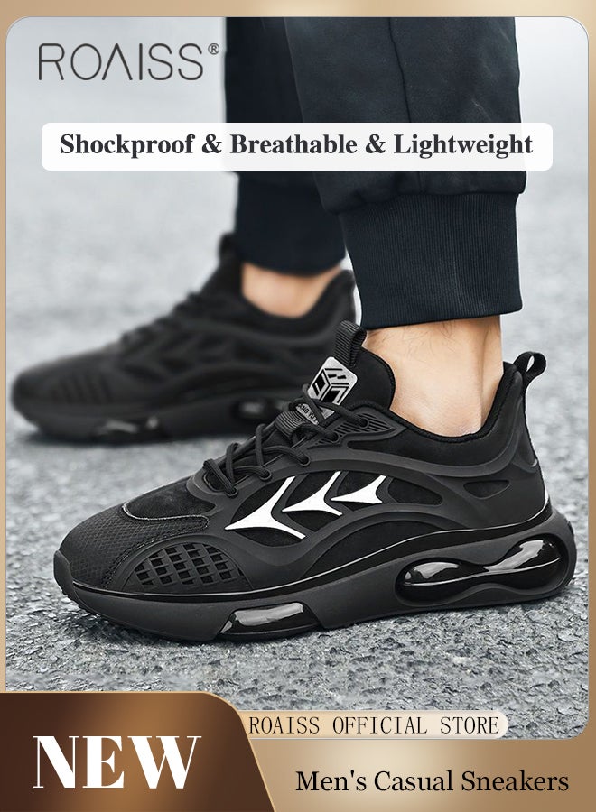 Elastic Air Cushion Chunky Sneakers for Men Soft Sole Lightweight Non Slip Shock Breathable Training Basketball Shoes Mens Street Style Low Top Lace up Front Sports Running Shoes