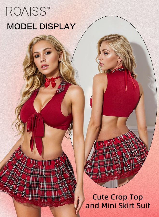 2Pcs Uniform Underwear Suit for Women Lapel Strappy Lingerie Short Top and Lace Edge Plaid Elastic Waistband Mini Upskirt Ladies Sailor Suit Lingerie Suit Cosplay Costumes Schoolgirl Outfit