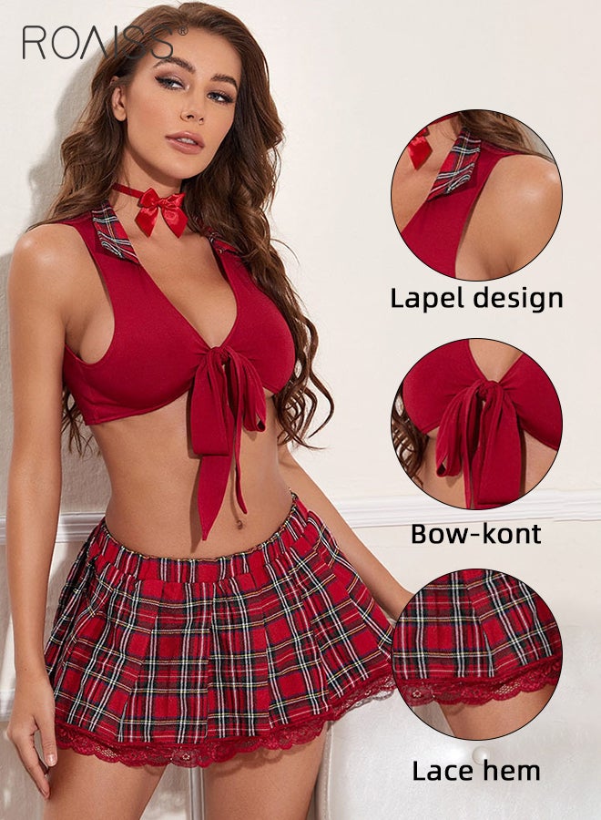 2Pcs Uniform Underwear Suit for Women Lapel Strappy Lingerie Short Top and Lace Edge Plaid Elastic Waistband Mini Upskirt Ladies Sailor Suit Lingerie Suit Cosplay Costumes Schoolgirl Outfit