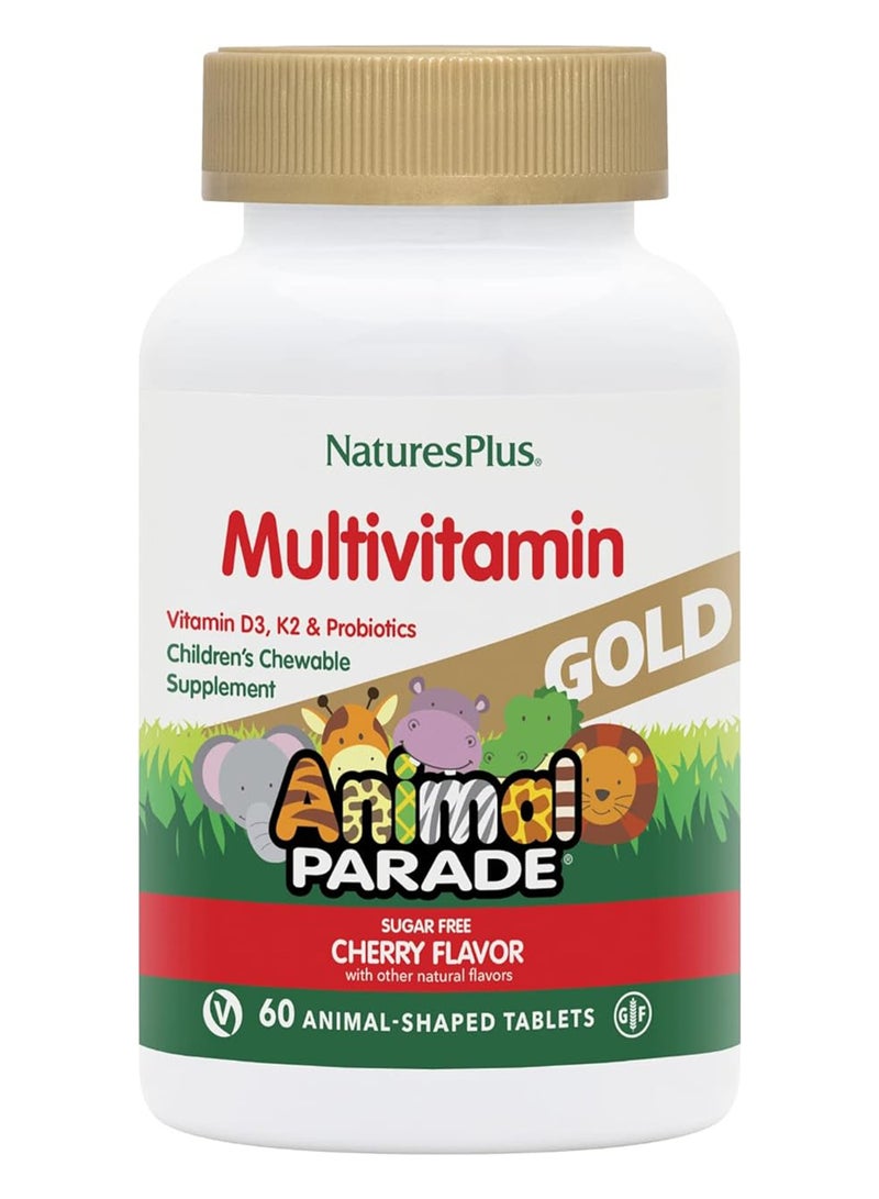 Multivitamin Animal Parade Children'S Chewable Supplement Gold Cherry Flavor Infused With Vitamin D3, K2 And Prebiotics Sugar Free 60 Animal Shaped Tablets