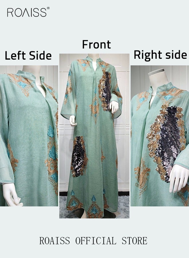 Ramadan Women Muslim Dress Sequin Mesh Abaya Dubai Maxi Dress Party Robe Women Embroidery Islamic Dresses