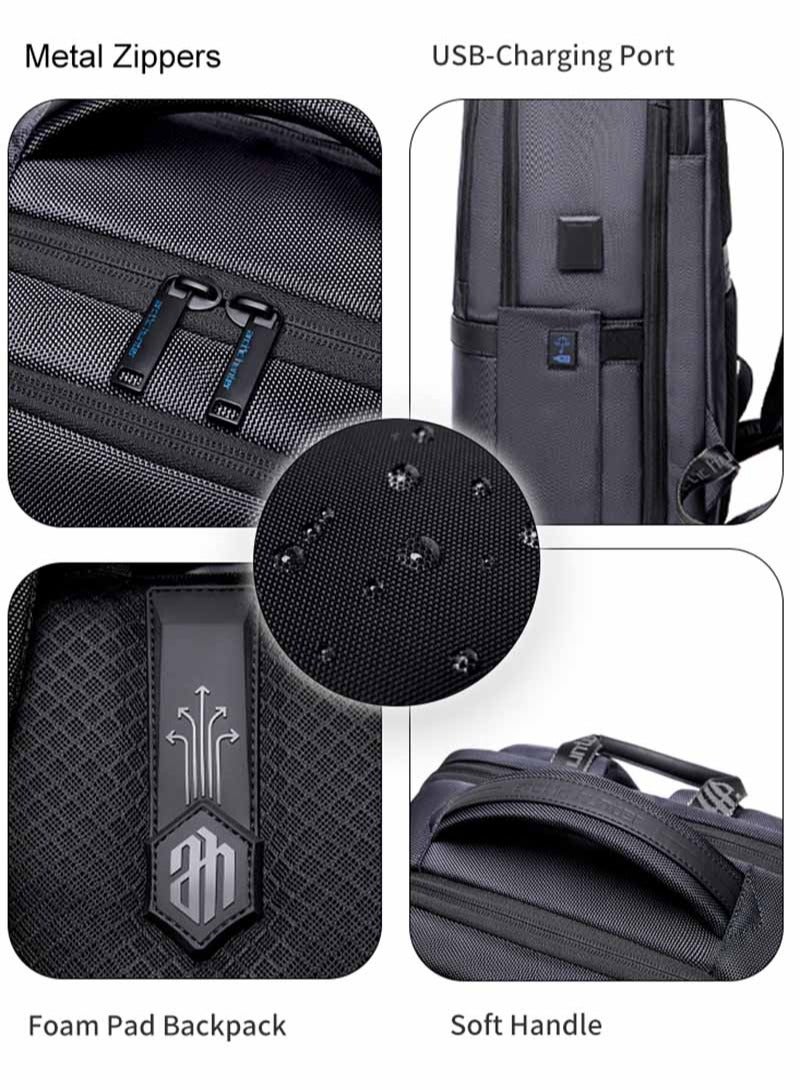 Durable School Laptop Backpack, Water Resistant Business Travel Expandable Bag with USB Charging Port for Work, Grey