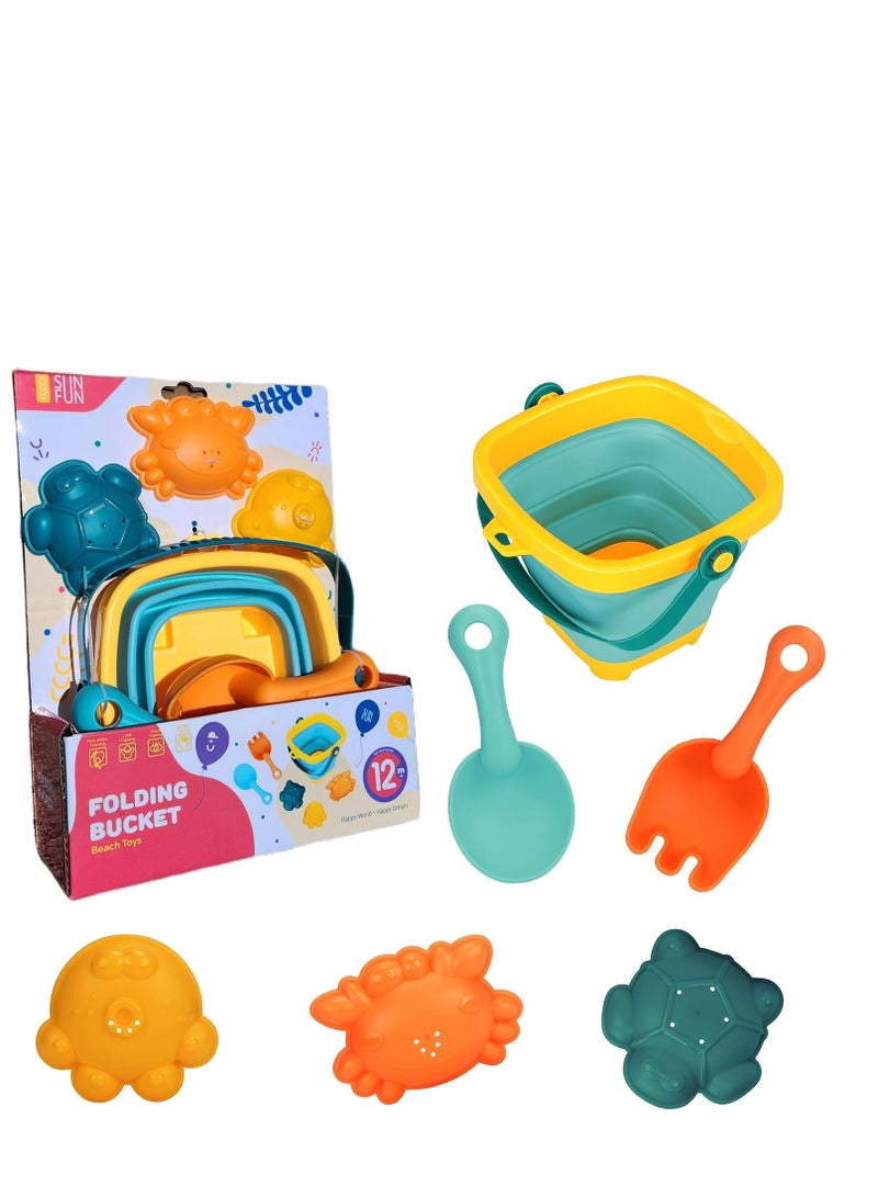 Beach Toys for Kids  Sand Toys  Folding Bucket Shovel and Sand Rake 3 Sand Molds  6 PCS Soft Rubber Toys  Sandbox Toys  Bath Toys