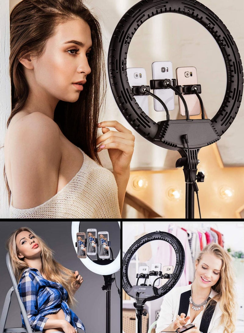 18 inch Dimmable Circle LED Studio Selfie Ring Light With 90Inch Tripod Stand Remote And 3 Mobile Phone Holders For Makeup Camera Photography YouTube Video Shoot TikTok Vlog Live Stream With Carry Bag