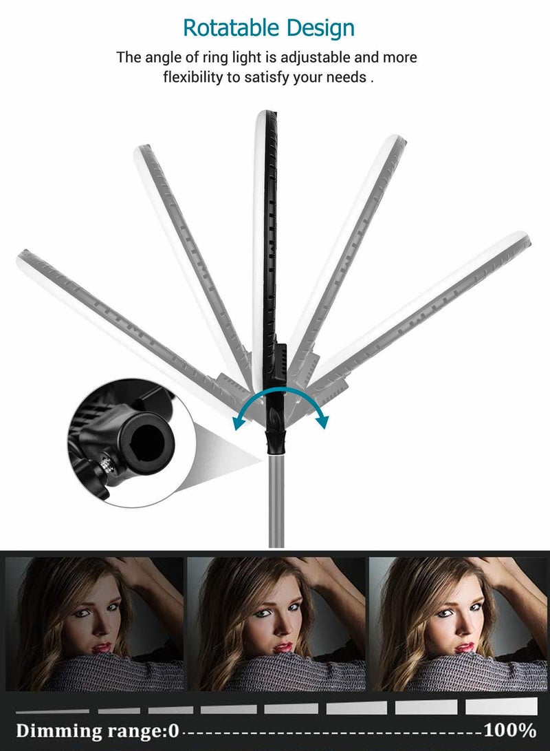 18 inch Dimmable Circle LED Studio Selfie Ring Light With 90Inch Tripod Stand Remote And 3 Mobile Phone Holders For Makeup Camera Photography YouTube Video Shoot TikTok Vlog Live Stream With Carry Bag