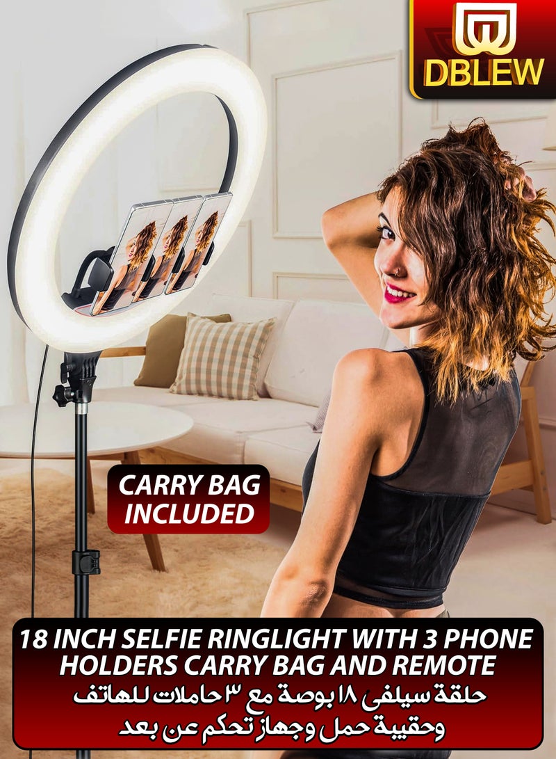 18 inch Dimmable Circle LED Studio Selfie Ring Light With 90Inch Tripod Stand Remote And 3 Mobile Phone Holders For Makeup Camera Photography YouTube Video Shoot TikTok Vlog Live Stream With Carry Bag