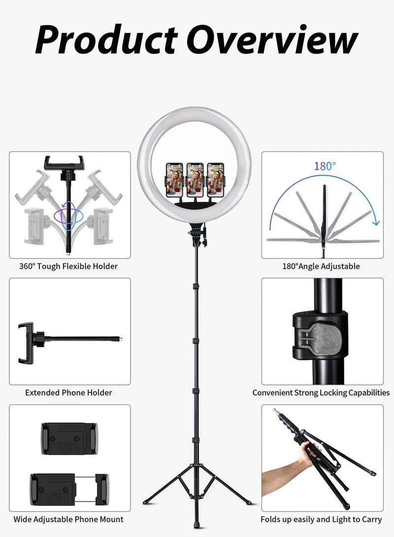 18 inch Dimmable Circle LED Studio Selfie Ring Light With 90Inch Tripod Stand Remote And 3 Mobile Phone Holders For Makeup Camera Photography YouTube Video Shoot TikTok Vlog Live Stream With Carry Bag