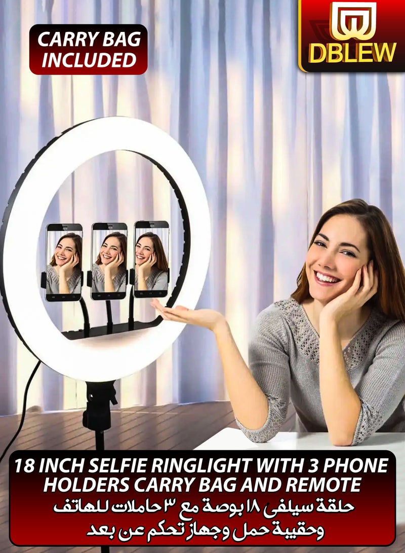 18 inch Dimmable Circle LED Studio Selfie Ring Light With 90Inch Tripod Stand Remote And 3 Mobile Phone Holders For Makeup Camera Photography YouTube Video Shoot TikTok Vlog Live Stream With Carry Bag