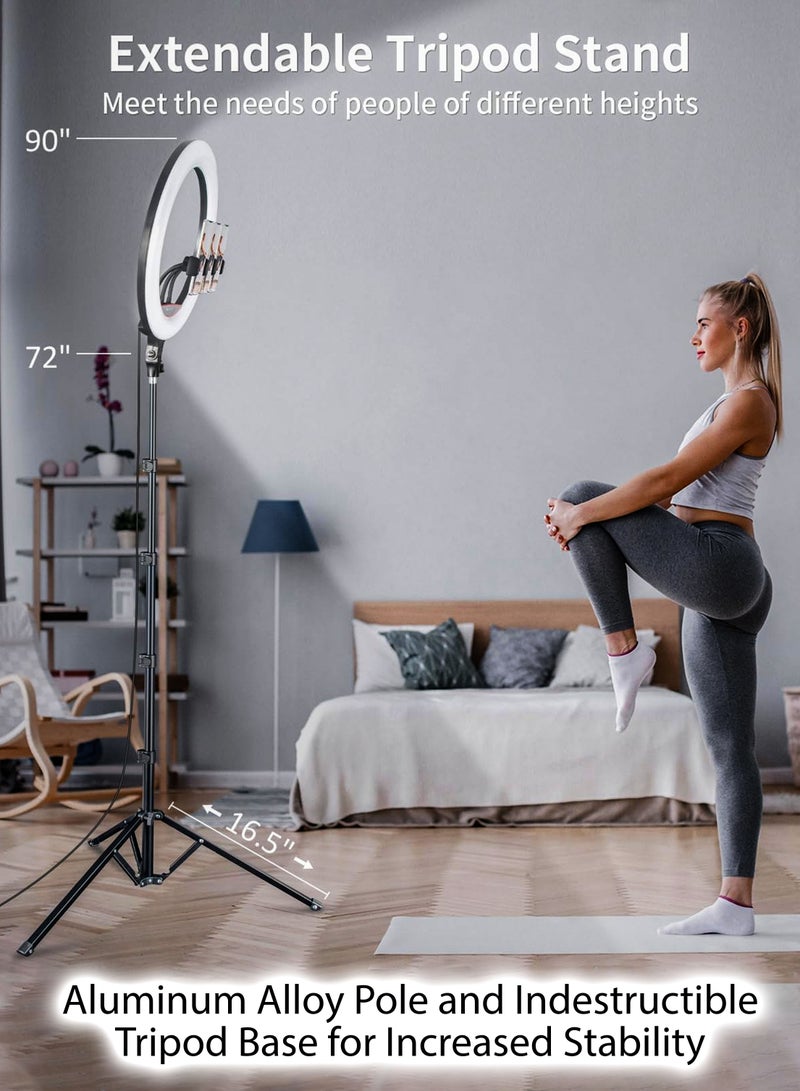 18 inch Dimmable Circle LED Studio Selfie Ring Light With 90Inch Tripod Stand Remote And 3 Mobile Phone Holders For Makeup Camera Photography YouTube Video Shoot TikTok Vlog Live Stream With Carry Bag