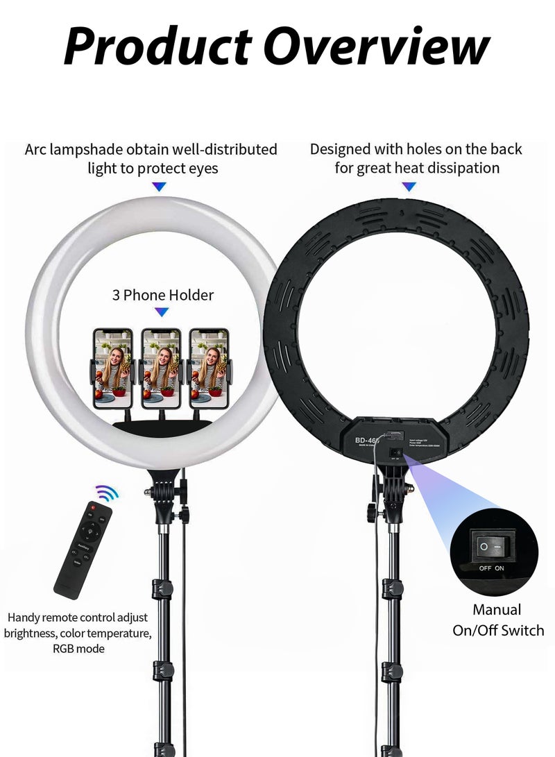 18 inch Dimmable Circle LED Studio Selfie Ring Light With 90Inch Tripod Stand Remote And 3 Mobile Phone Holders For Makeup Camera Photography YouTube Video Shoot TikTok Vlog Live Stream With Carry Bag