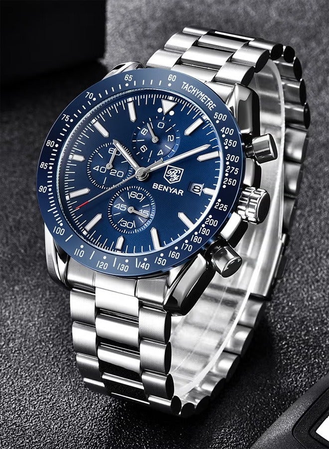 Men's Waterproof Sports Chronograph Quartz Wrist Watch With Stainless Steel Strap