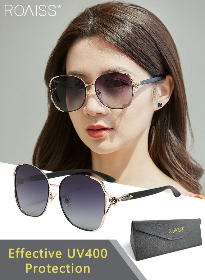 Women's Polarized Butterfly Sunglasses, UV400 Protection Sun Glasses with Stylish Temples, Fashion Anti-glare Sun Shades for Ladies with Glasses Case, 60mm, Black Gold