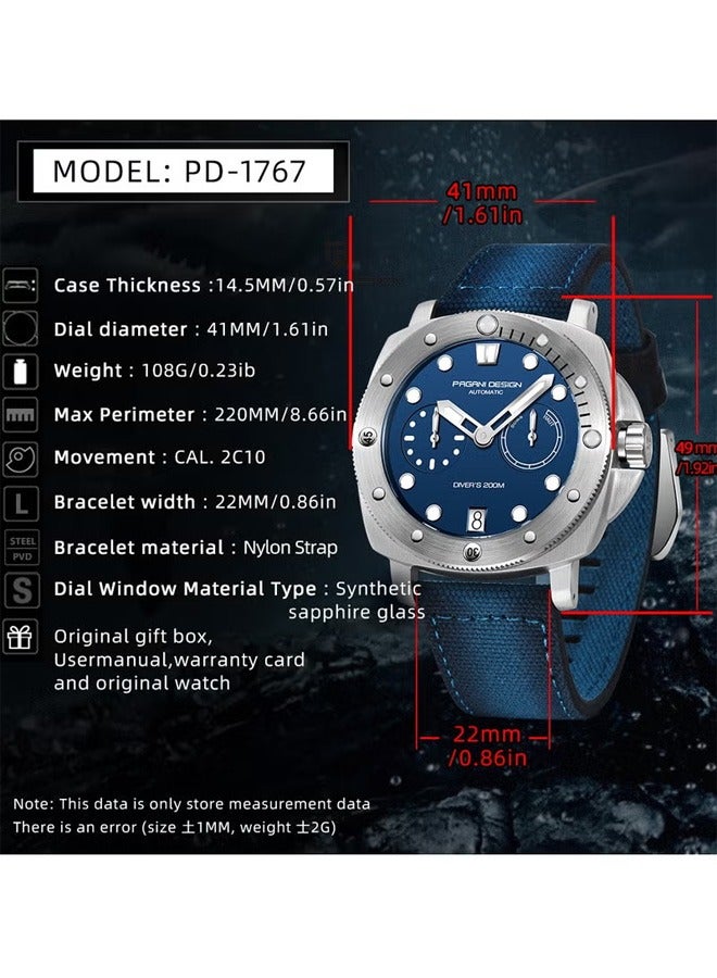 Men's Automatic Mechanical Sports Watch Stainless Steel Waterproof, Sapphire Glass With AR Coating PD1767