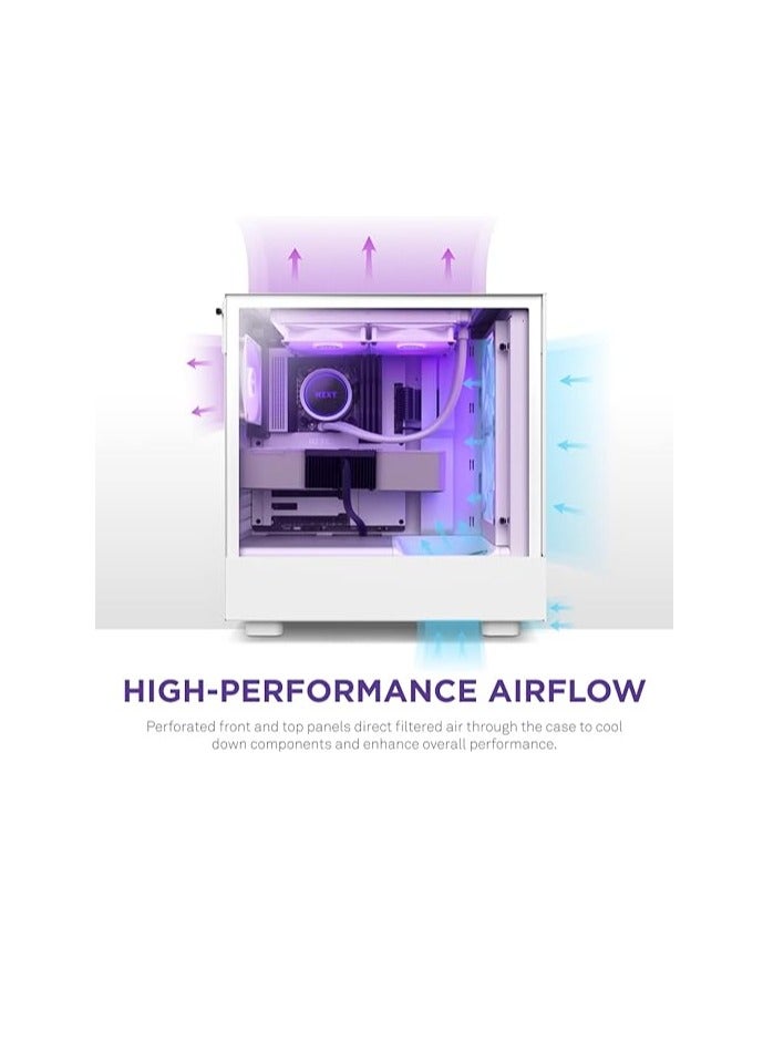 NZXT H5 Flow RGB Compact ATX Mid-Tower PC Gaming Case – High Airflow Perforated Front Panel – Tempered Glass Side Panel – Cable Management – 2 x F140 RGB Core Fans – 280mm Radiator Support – White