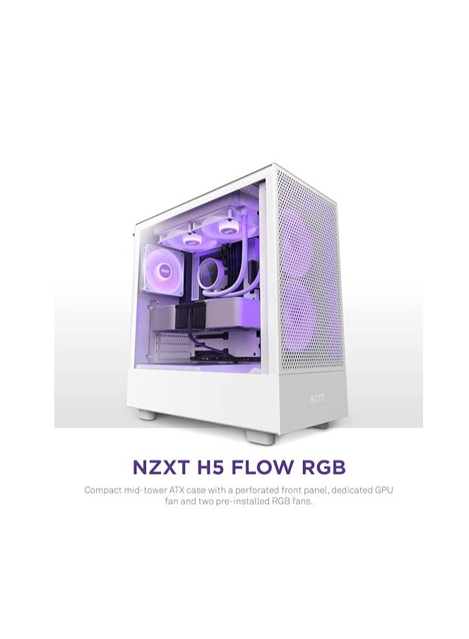 NZXT H5 Flow RGB Compact ATX Mid-Tower PC Gaming Case – High Airflow Perforated Front Panel – Tempered Glass Side Panel – Cable Management – 2 x F140 RGB Core Fans – 280mm Radiator Support – White