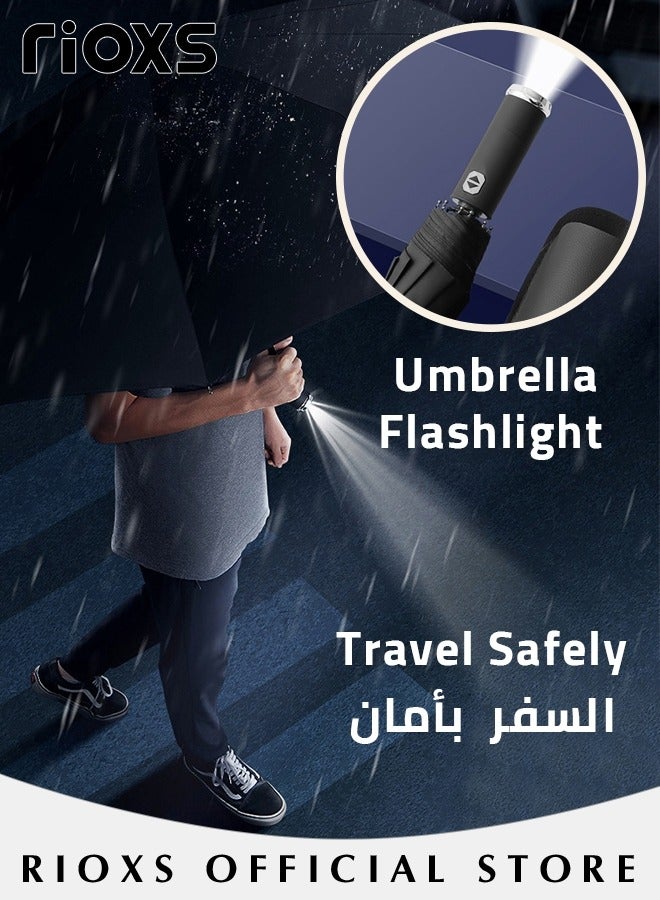 LED Umbrella,Automatic Folding Umbrella With Rotating LED Flashlight For Night Walking,Windproof Sun Rain Protection Umbrella,Practical Umbrella For Travel Running Hiking Camping