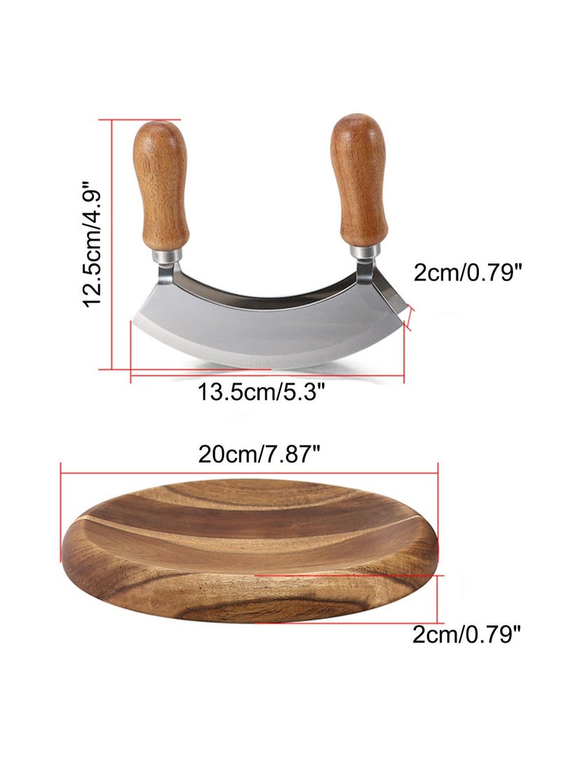 Double Blade Chopping Knife with Round Cutting Board, Stainless Steel Mezzaluna Pizza Cutter Rocker Knife, Salad Chopper and Mincing Knife Set