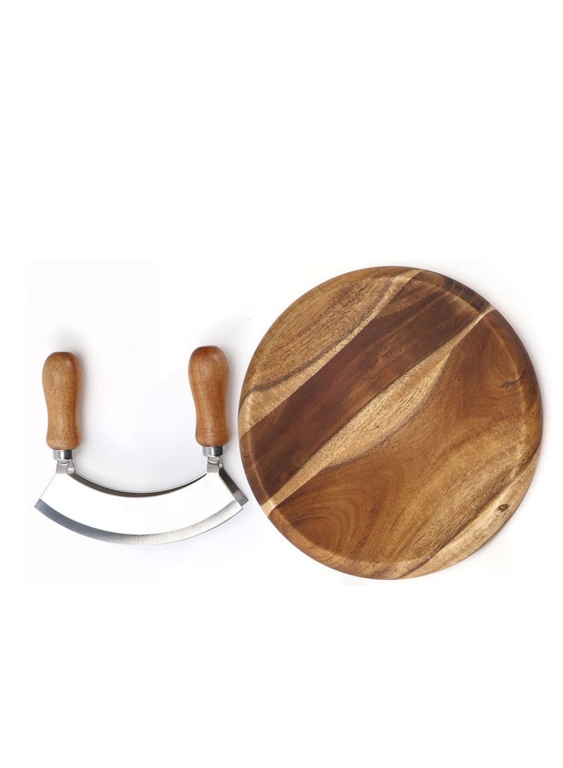 Double Blade Chopping Knife with Round Cutting Board, Stainless Steel Mezzaluna Pizza Cutter Rocker Knife, Salad Chopper and Mincing Knife Set