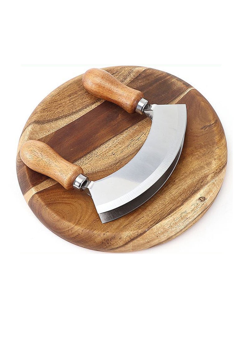 Double Blade Chopping Knife with Round Cutting Board, Stainless Steel Mezzaluna Pizza Cutter Rocker Knife, Salad Chopper and Mincing Knife Set