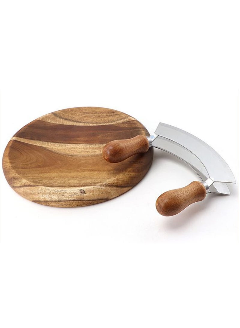 Double Blade Chopping Knife with Round Cutting Board, Stainless Steel Mezzaluna Pizza Cutter Rocker Knife, Salad Chopper and Mincing Knife Set