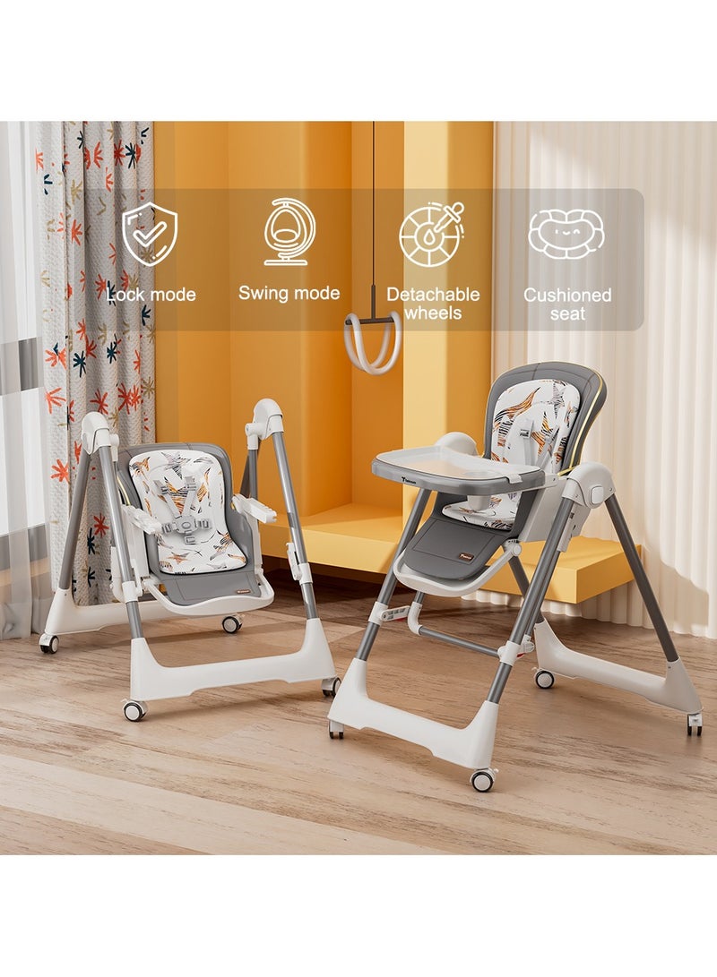 5-In-1 Swing With High Chair With Lockable Wheels - Grey