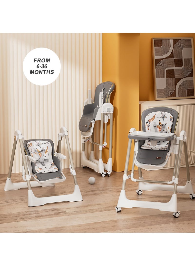 5-In-1 Swing With High Chair With Lockable Wheels - Grey