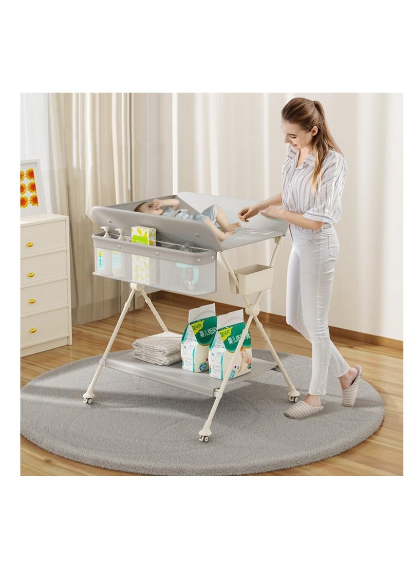 Portable Baby Changing Table, Foldable Diaper Changing Table with Stable Top and Frame for Newborn Infant, Mobile Baby Diaper Changing Station for Nursery Room Bedroom Bathroom (Grey)