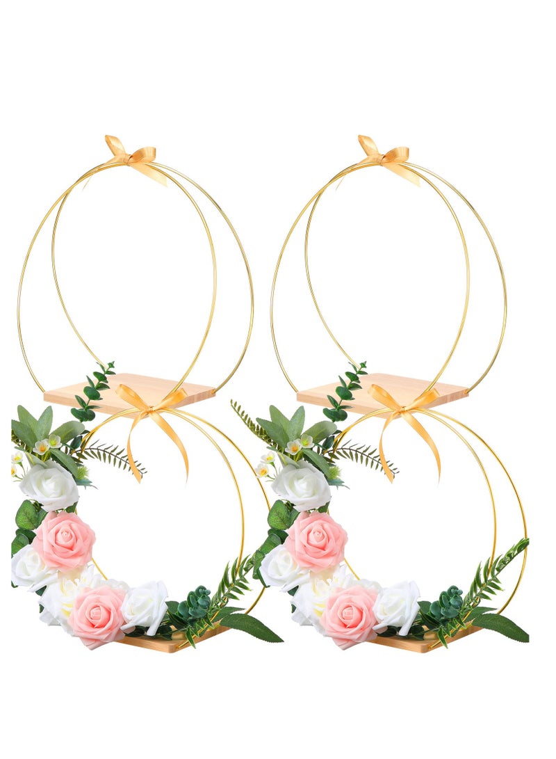 4 Pcs 12 Inch Metal Floral Hoop Centerpiece with Stand Gold Hoop Wreath Rings with Wood Stand Golden Ribbon and Black Silicone Mat for DIY Crafts Wedding Party Table Decoration