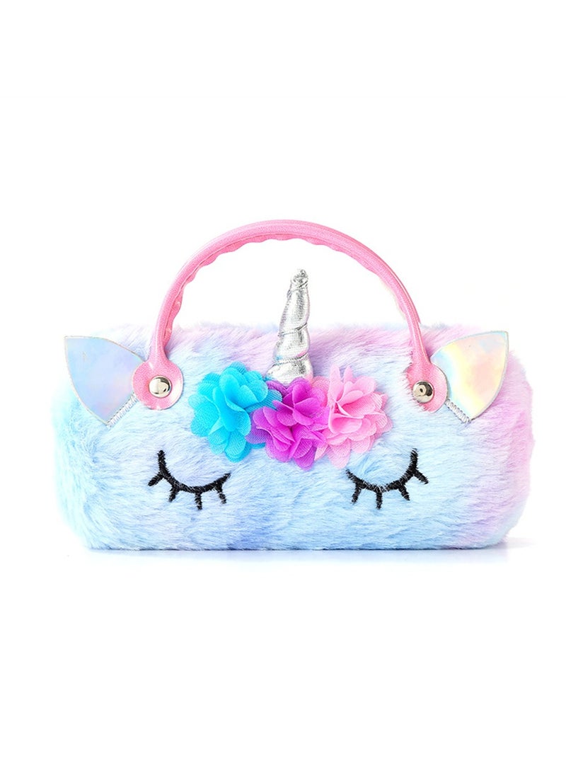 Plush Unicorn Hard Eyeglass Case, Portable Sunglasses Pouch with Handle, Cute Glasses Case Makeup Storage Bag for Kids, Women