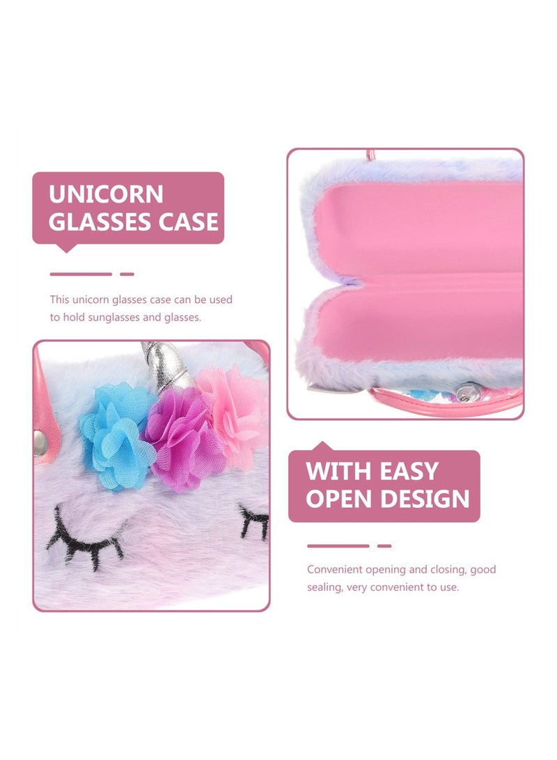 Plush Unicorn Hard Eyeglass Case, Portable Sunglasses Pouch with Handle, Cute Glasses Case Makeup Storage Bag for Kids, Women
