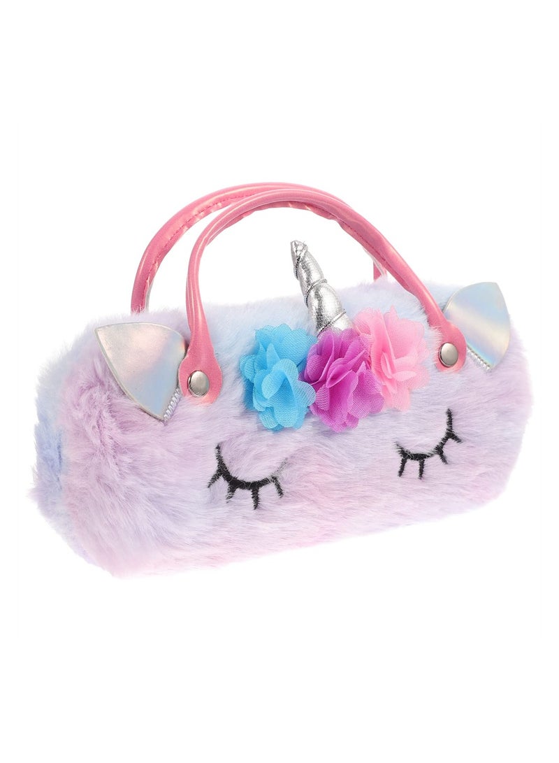 Plush Unicorn Hard Eyeglass Case, Portable Sunglasses Pouch with Handle, Cute Glasses Case Makeup Storage Bag for Kids, Women