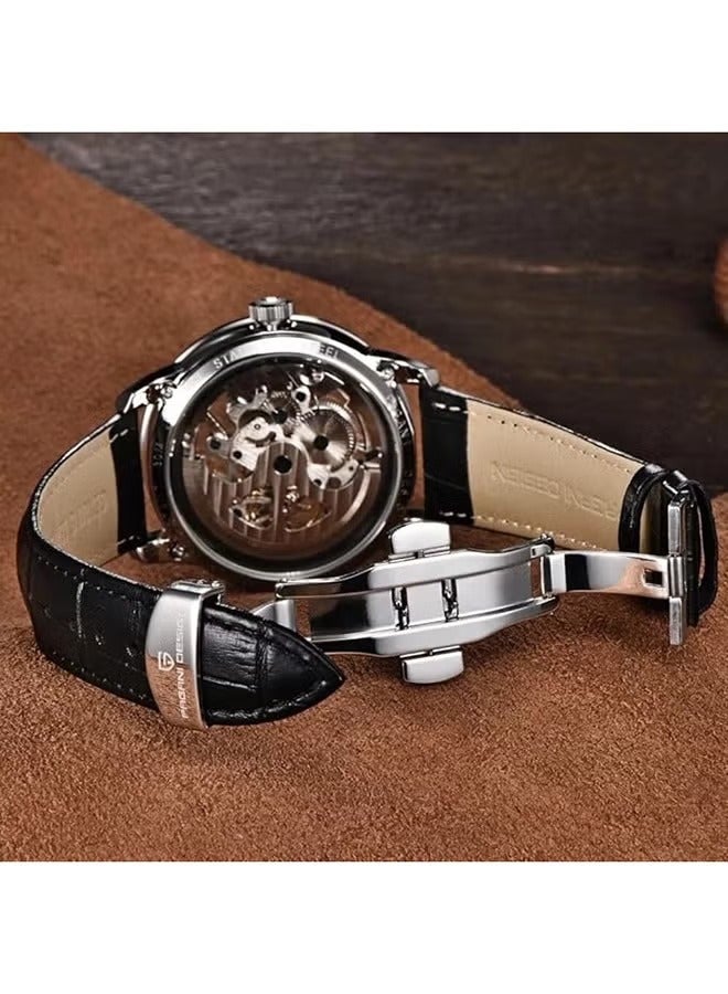 Men's Automatic Wrist Watches, Mechanical Frame, Waterproof, Leather, With Stainless Steel Luxury Automatic Winding