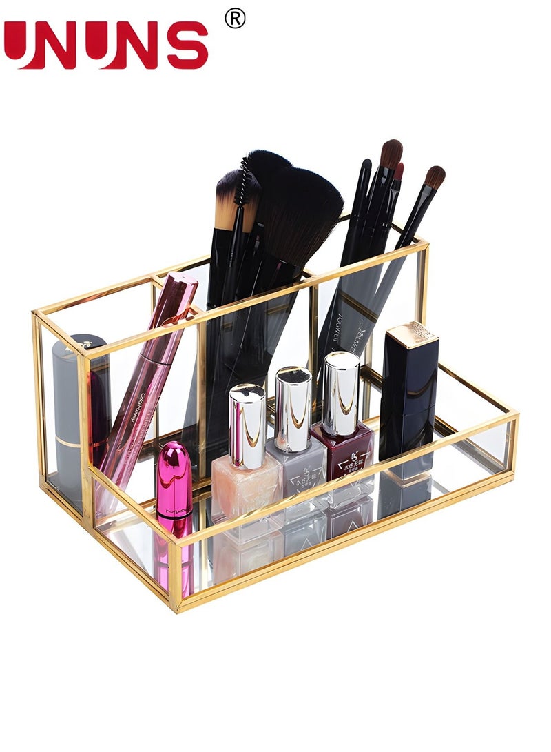 Gold Glass Makeup Organizer-Perfume Cosmetic Holder-Makeup Brush Holder-Jewelry Organizer Makeup Display Organizer,Multifunctional Cosmetic Storage For Bedroom,Dresser,Countertop-Clear Gold