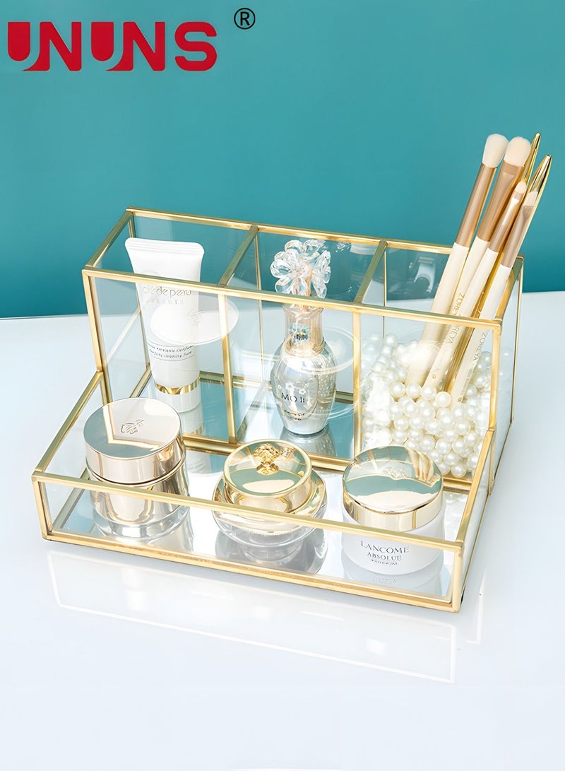 Gold Glass Makeup Organizer-Perfume Cosmetic Holder-Makeup Brush Holder-Jewelry Organizer Makeup Display Organizer,Multifunctional Cosmetic Storage For Bedroom,Dresser,Countertop-Clear Gold