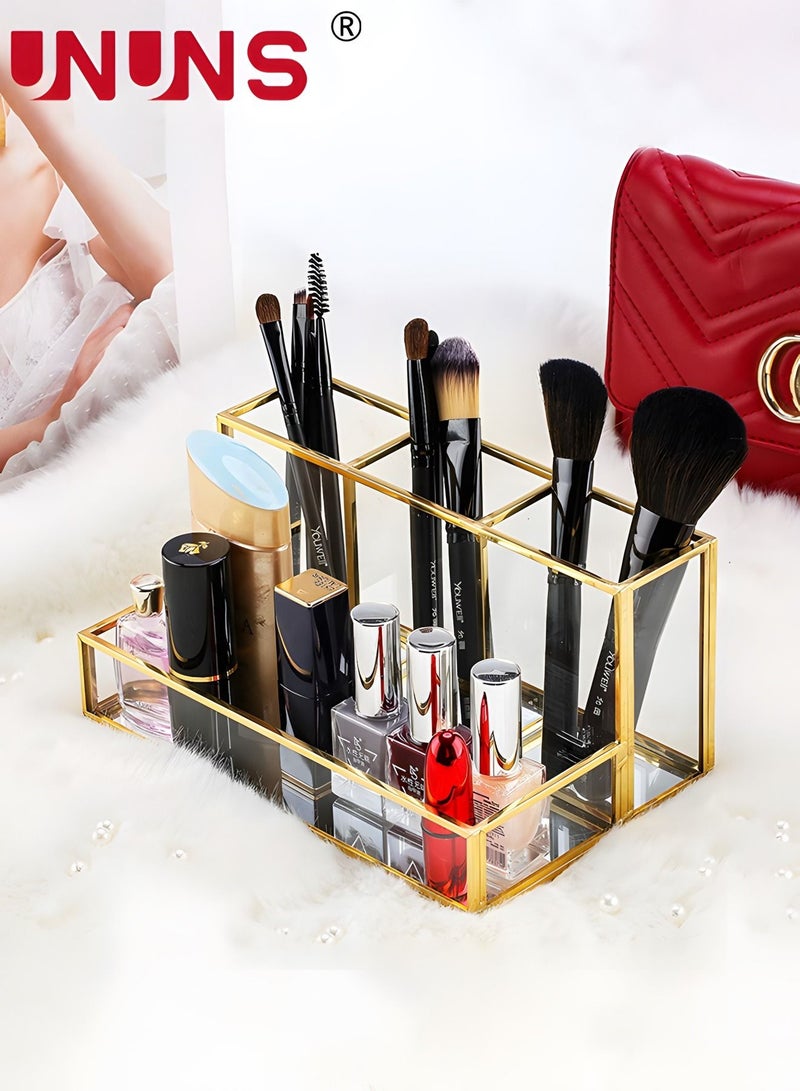 Gold Glass Makeup Organizer-Perfume Cosmetic Holder-Makeup Brush Holder-Jewelry Organizer Makeup Display Organizer,Multifunctional Cosmetic Storage For Bedroom,Dresser,Countertop-Clear Gold