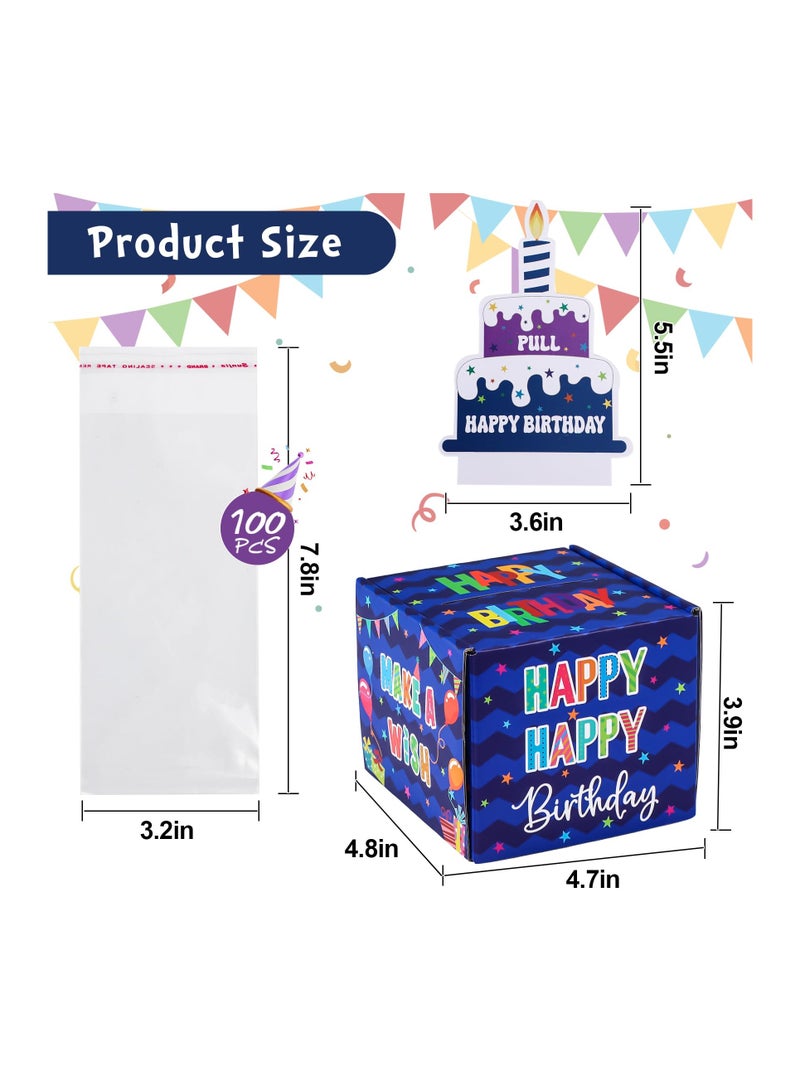 Happy Birthday Money Box for Cash Gift Pull, Surprise Money Gift Boxes for Kids Adults with Pull Out Happy Birthday Day Card and 100Pcs Transparent Bags, Fun Ways to Give Cash as A Gift