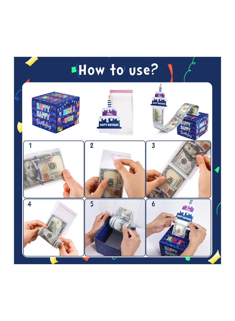 Happy Birthday Money Box for Cash Gift Pull, Surprise Money Gift Boxes for Kids Adults with Pull Out Happy Birthday Day Card and 100Pcs Transparent Bags, Fun Ways to Give Cash as A Gift