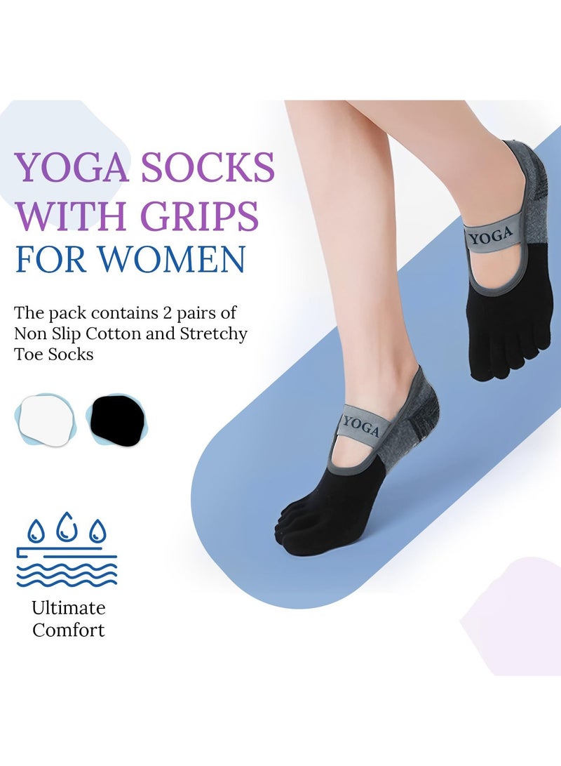 Yoga Socks with Grips for Women, 2 Pairs Non Slip Cotton and Stretchy Toe Socks in Black and White