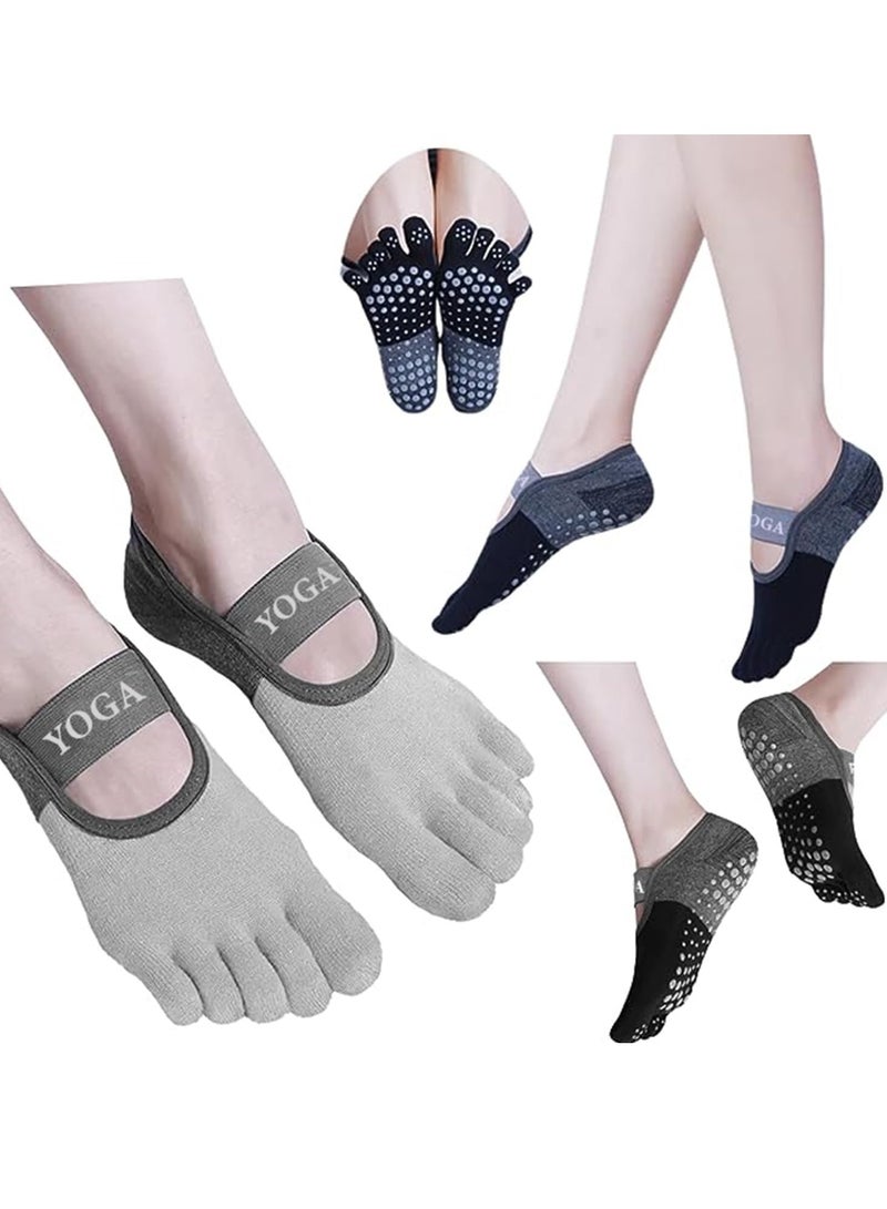 Yoga Socks with Grips for Women, 2 Pairs Non Slip Cotton and Stretchy Toe Socks in Black and White