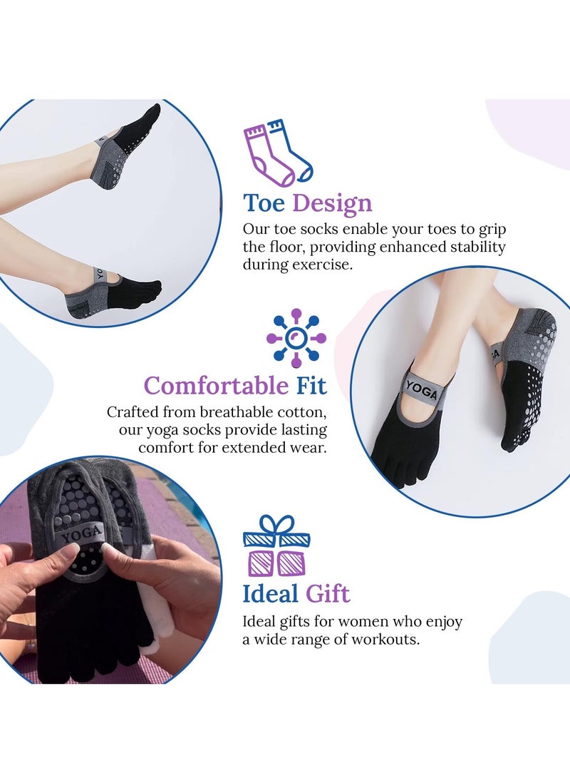 Yoga Socks with Grips for Women, 2 Pairs Non Slip Cotton and Stretchy Toe Socks in Black and White