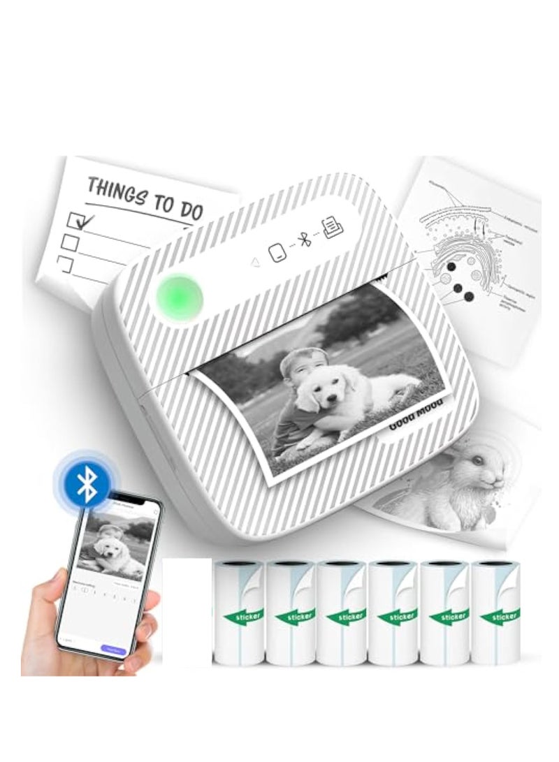 Mini Printer with 6 Rolls Sticker Paper, Portable Sticker Printer Efficiently and Quickly, Thermal-Wireless-Bluetooth-Mini Inkless-Printer, Pictures, DIY, Label, Free App with Multiple Templates