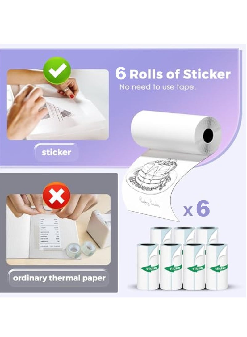 Mini Printer with 6 Rolls Sticker Paper, Portable Sticker Printer Efficiently and Quickly, Thermal-Wireless-Bluetooth-Mini Inkless-Printer, Pictures, DIY, Label, Free App with Multiple Templates