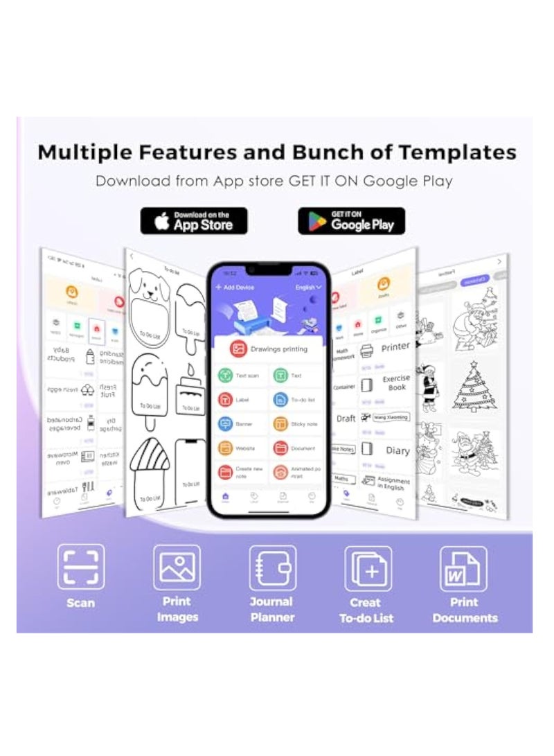 Mini Printer with 6 Rolls Sticker Paper, Portable Sticker Printer Efficiently and Quickly, Thermal-Wireless-Bluetooth-Mini Inkless-Printer, Pictures, DIY, Label, Free App with Multiple Templates