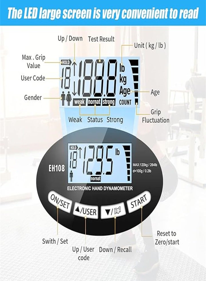 Digital Hand Strength Meter 264 lbs/120 kg Electronic Grip Strength Meter, LED Screen Hand Dynamometer